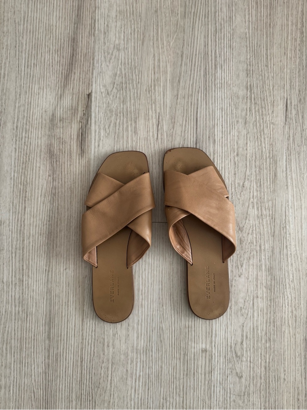 Everlane Tan Cross-Strap Leather Slide Sandals